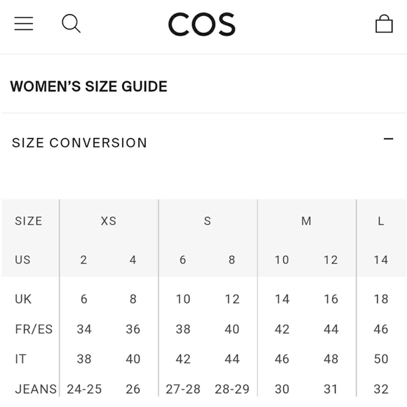 cos jeans size guide